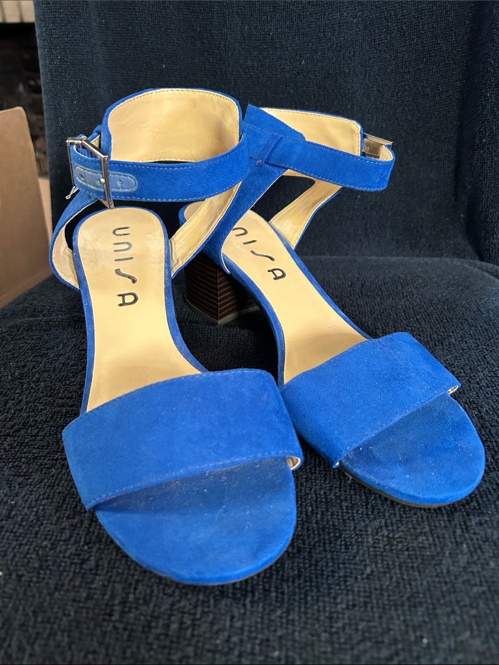 Unisa Royal Blue Suede Stacked Block Heel Sandals with Ankle Strap NWOT
